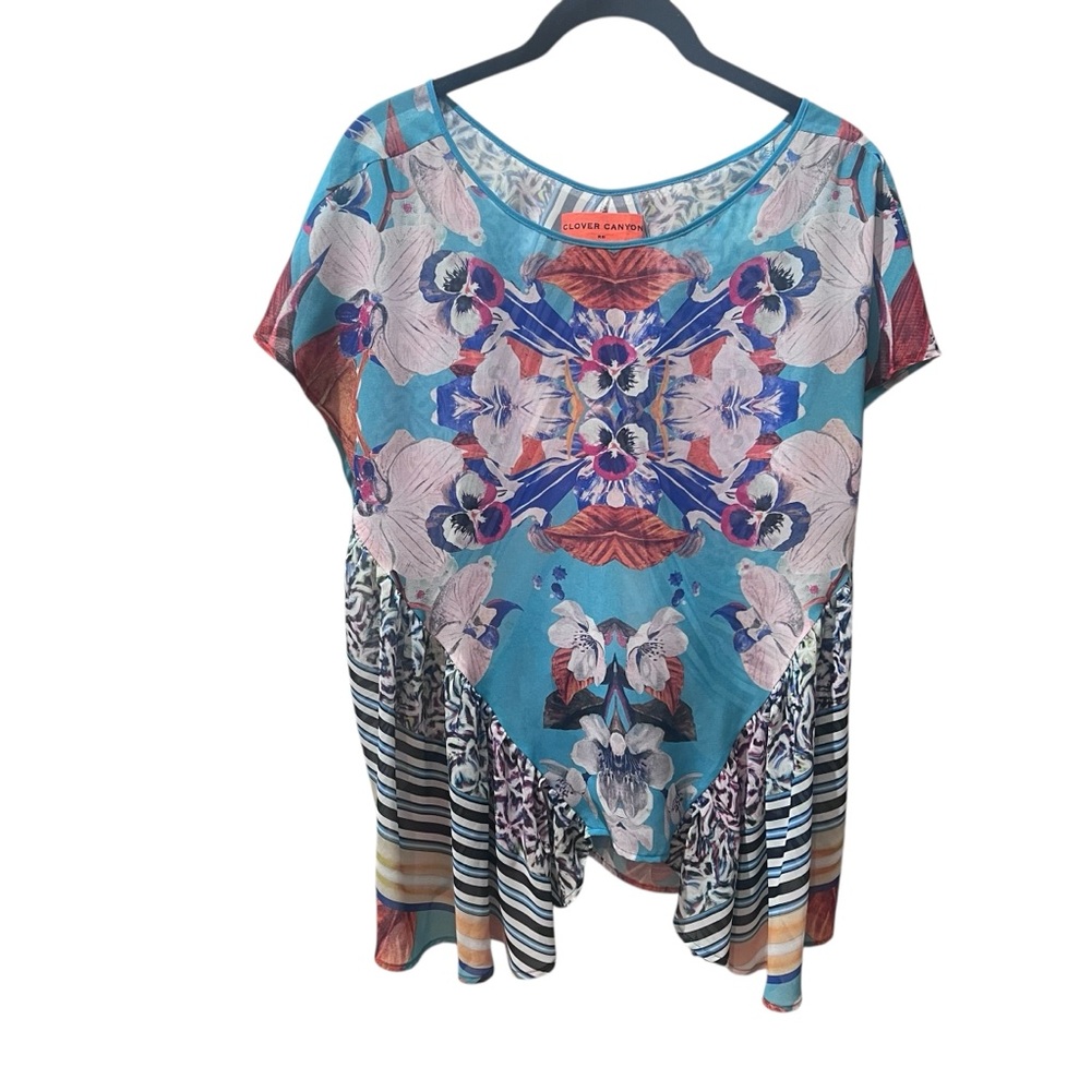 Clover Canyon Floral Sheer Short Sleeve Tunic Top Blue Multi Color Size Medium